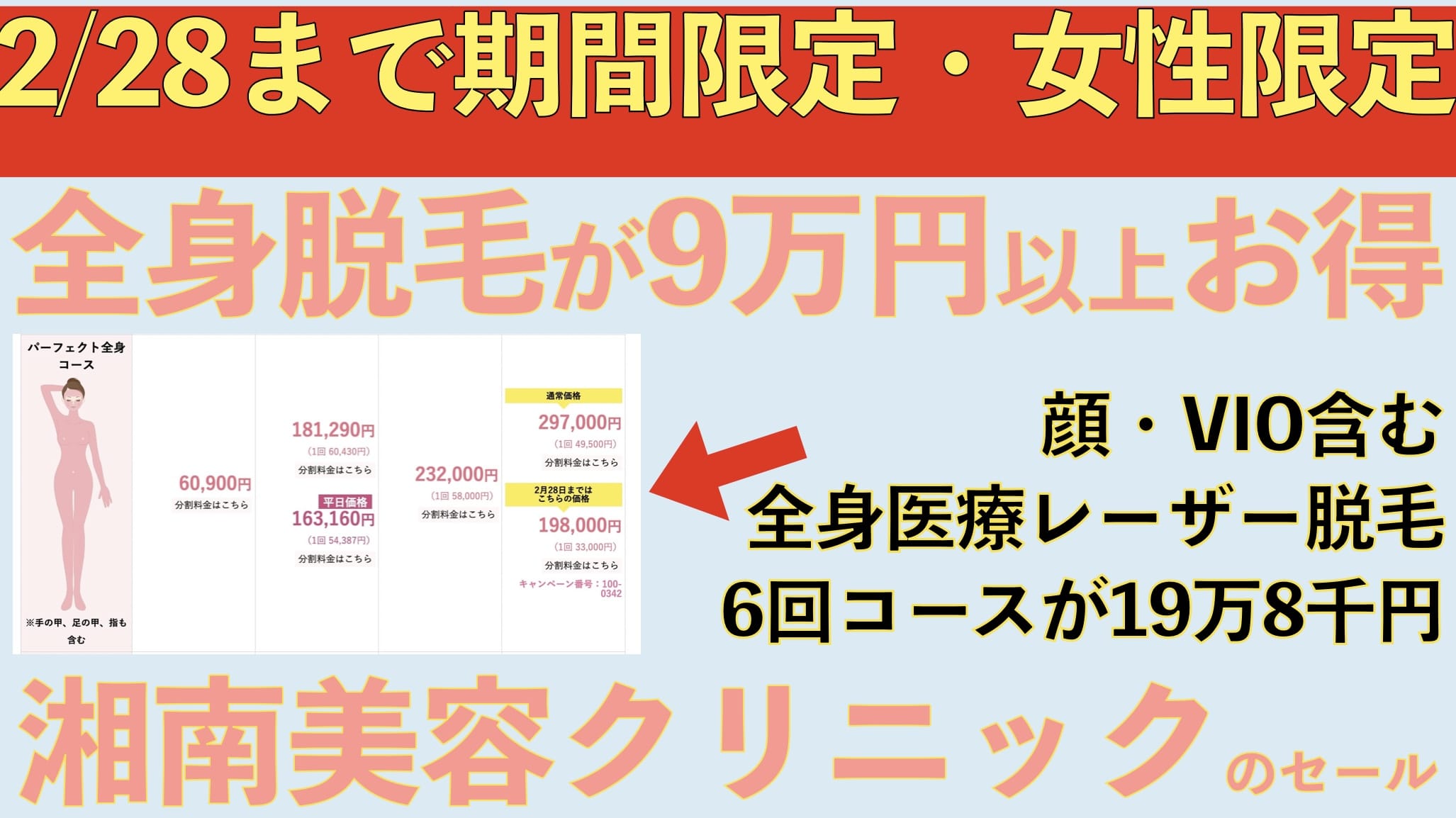 まさかの9万9千円オフ！湘南美容クリニックの全身脱毛が期間限定価格で超お得【228まで】サムネイル画像