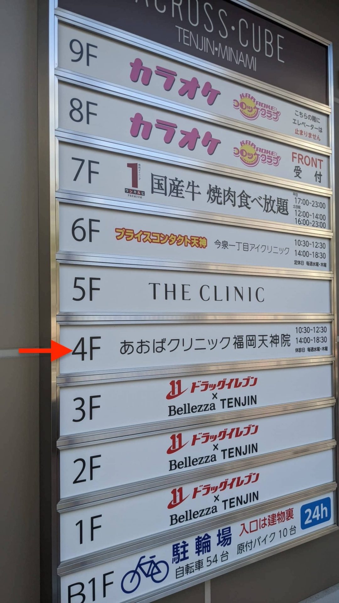 ビルの4Fがあおばクリニック。看板の表示